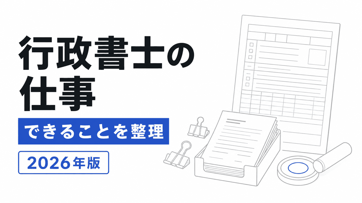相談、要件確認、書類作成、官公署提出、補正対応を一列に並べた行政書士仕事内容記事のカバー
