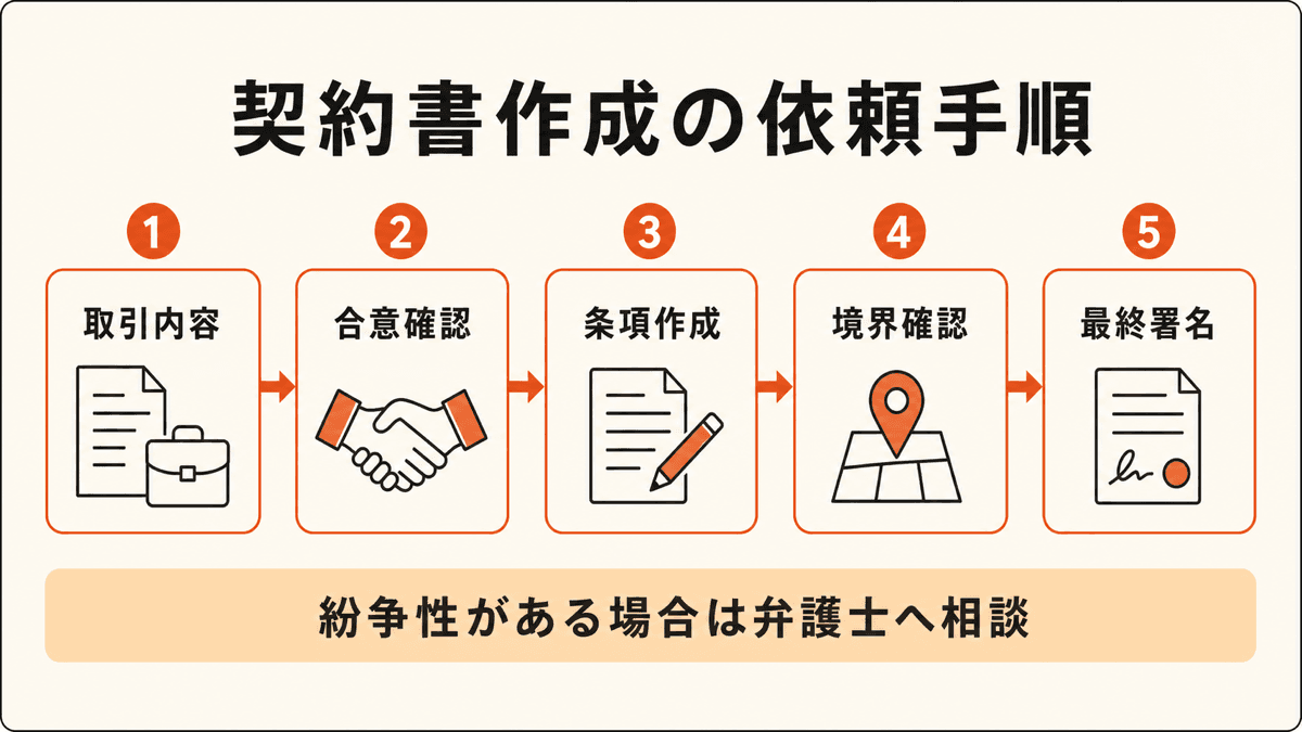 合意段階、契約条件整理、書面作成、代理交渉、紛争対応の順に行政書士と弁護士の境界を判断する図