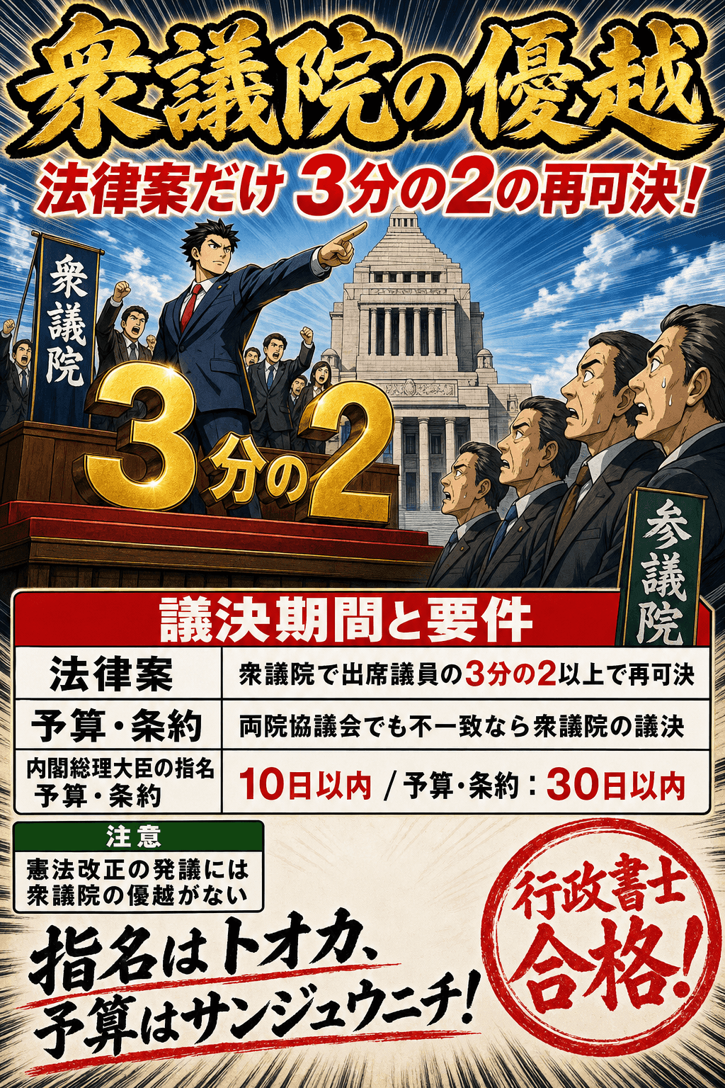 衆議院の優越と議決期間を整理した暗記画像