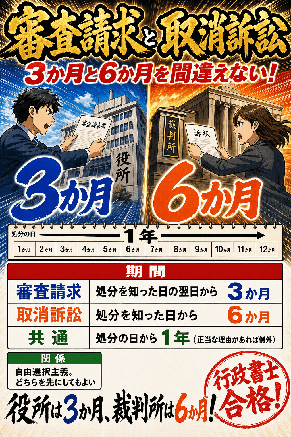 審査請求期間3か月と取消訴訟の出訴期間6か月を比較した暗記画像