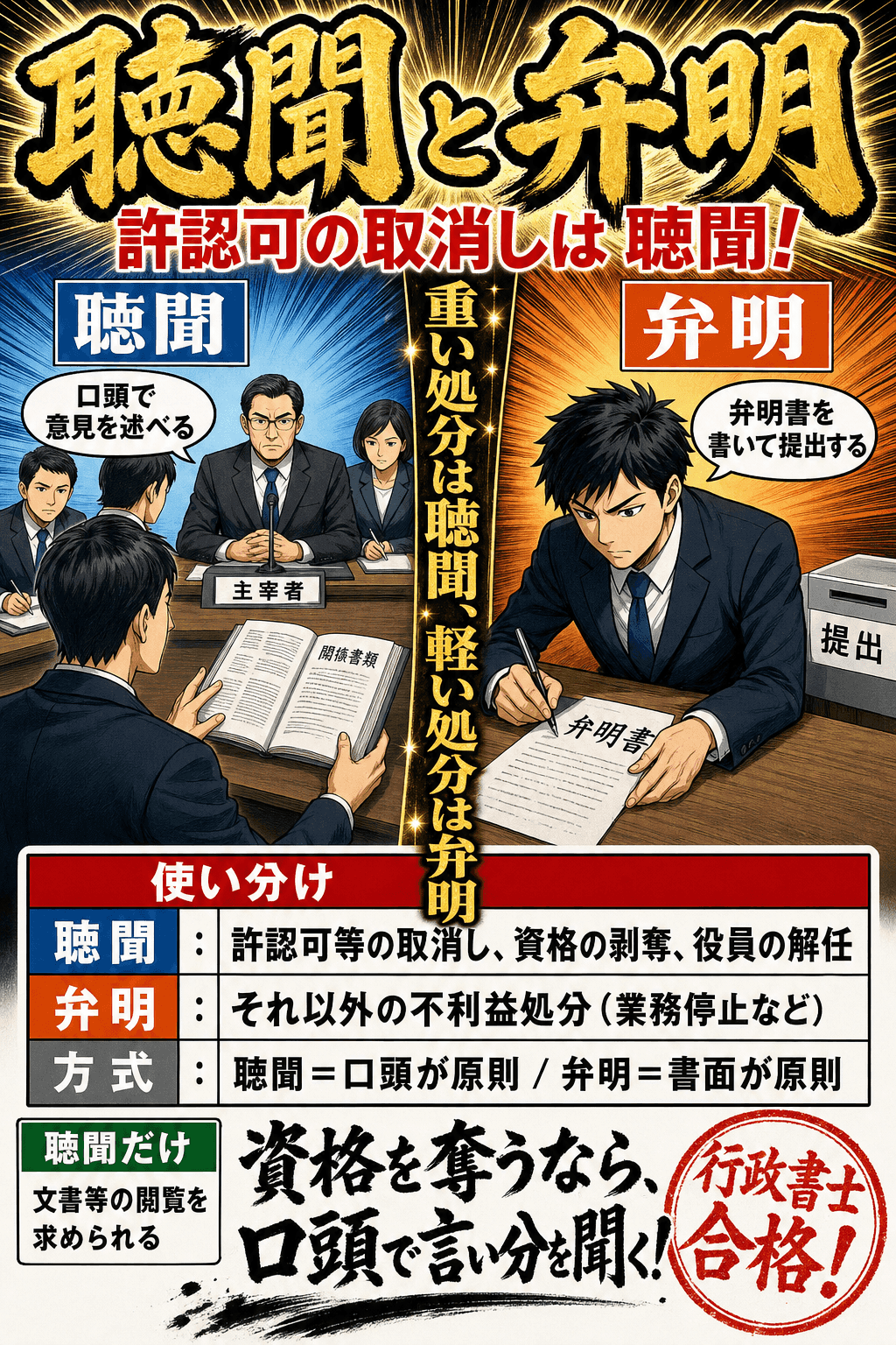 行政手続法の聴聞と弁明の機会の付与を比較した暗記画像