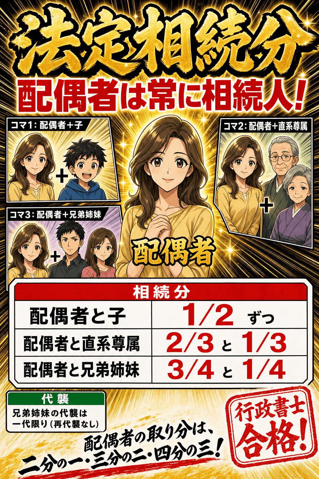 法定相続分の割合と代襲相続を整理した暗記画像